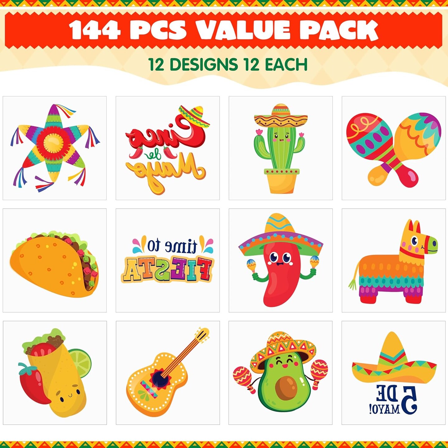 144 PCS Cinco De Mayo Temporary Tattoo Set for Mexican Themed Party, Fiesta Party Fake Tattoos Stickers Sombrero Hats, Taco Design, Face Body Tattoo Decorations