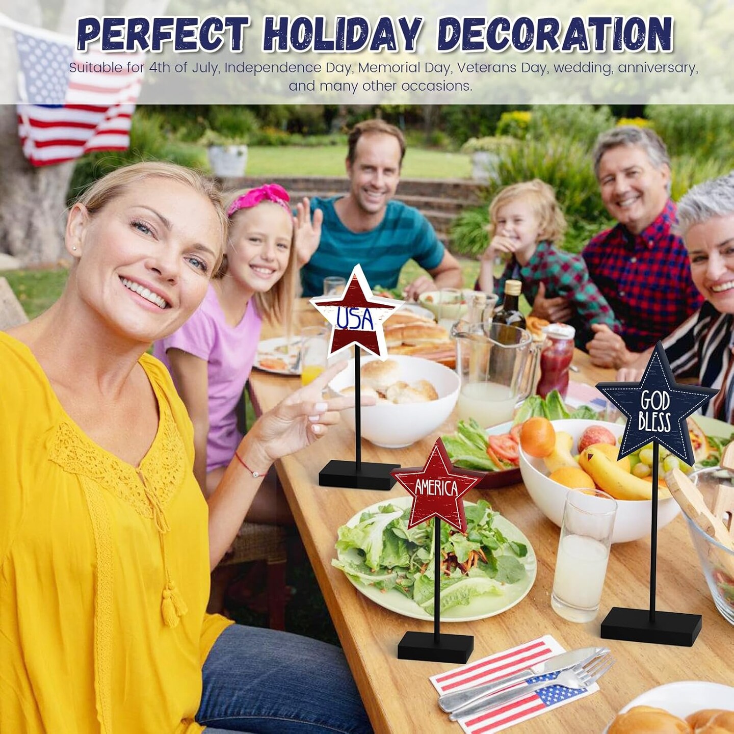 3 PCS 4th of July Wood Star Table Sign, Wooden Patriotic Table Centerpieces, Rustic Memorial Day Tabletop Decorations, Wood Standing Star, Red White and Blue Decorations for Home Office (Text)