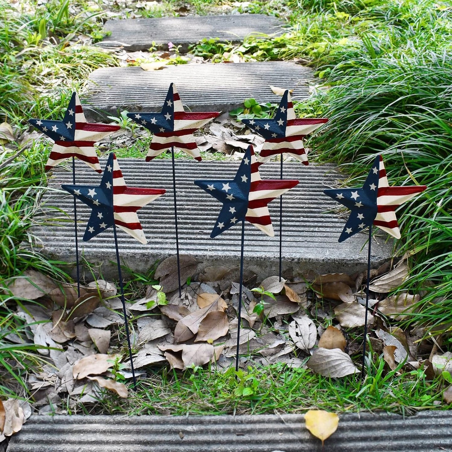 H Metal American Star Barn Yard Sign, Patriotic Metal US Flag Star Barn Garden Stake for Planter Pot Walkway Pathway 4th of July Decor