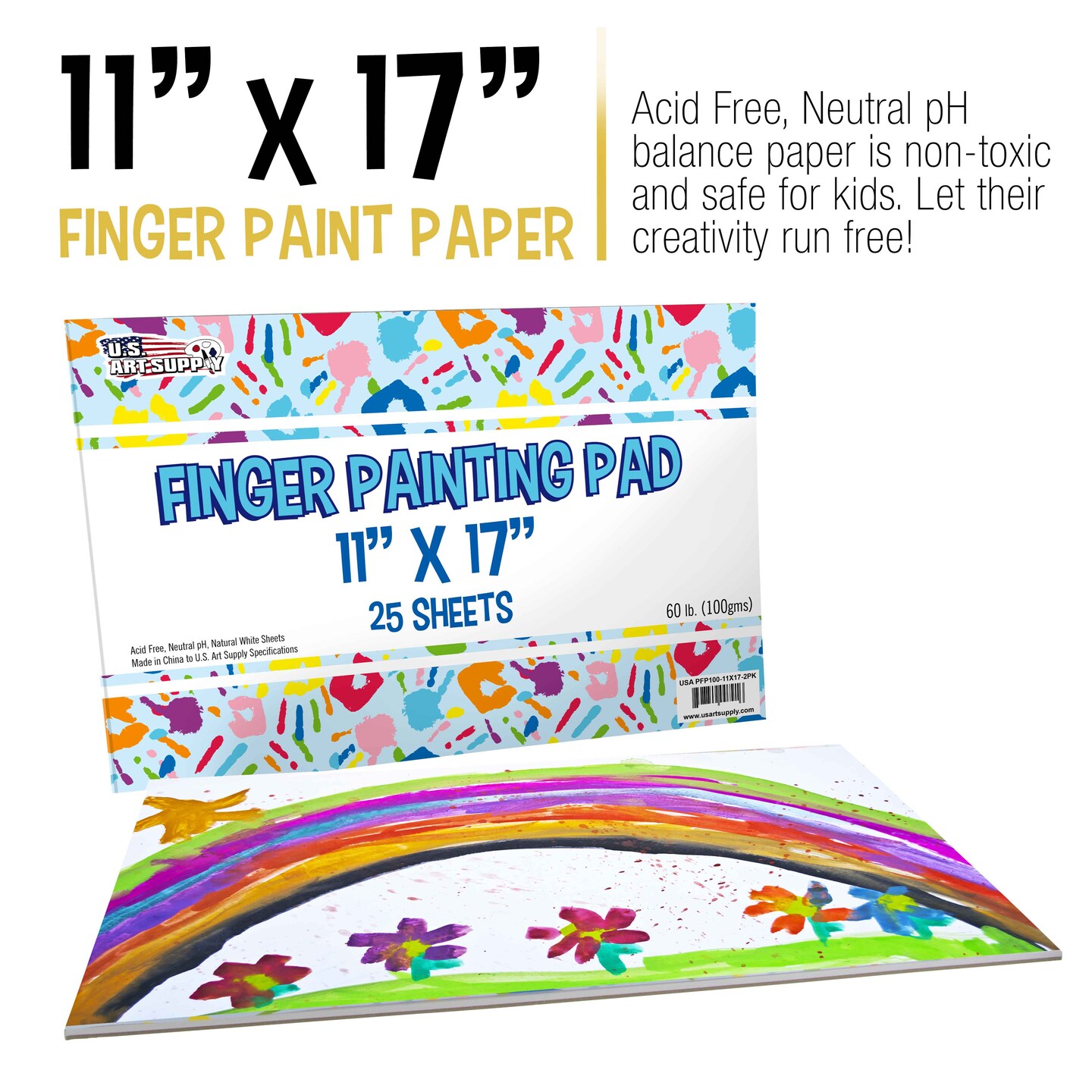 11&#x201D; x 17&#x22; Large Finger Painting Pad (2 Pack, 25 Sheets Each) - 60lb (100gsm) Acid-Free Coated Sheets, Finger Paint Paper for Painting, Drawing, Crafts, Artwork - Kids, Toddlers