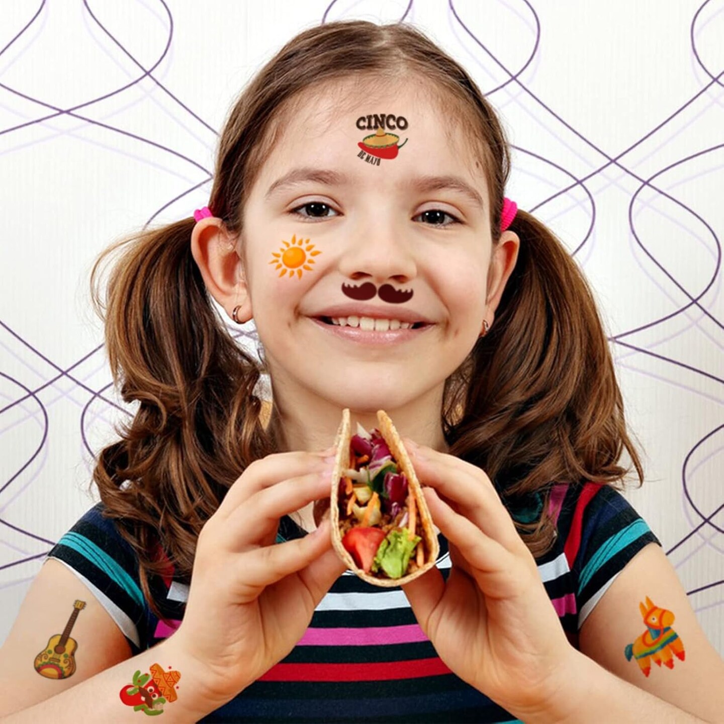 60 Pieces Cinco De Mayo Mexican Fiesta Tattoos for Kids, Fiesta Party Decorations, Taco Pinata Bachelorette Temporary Tattoo Stickers for Party Supplies Favors
