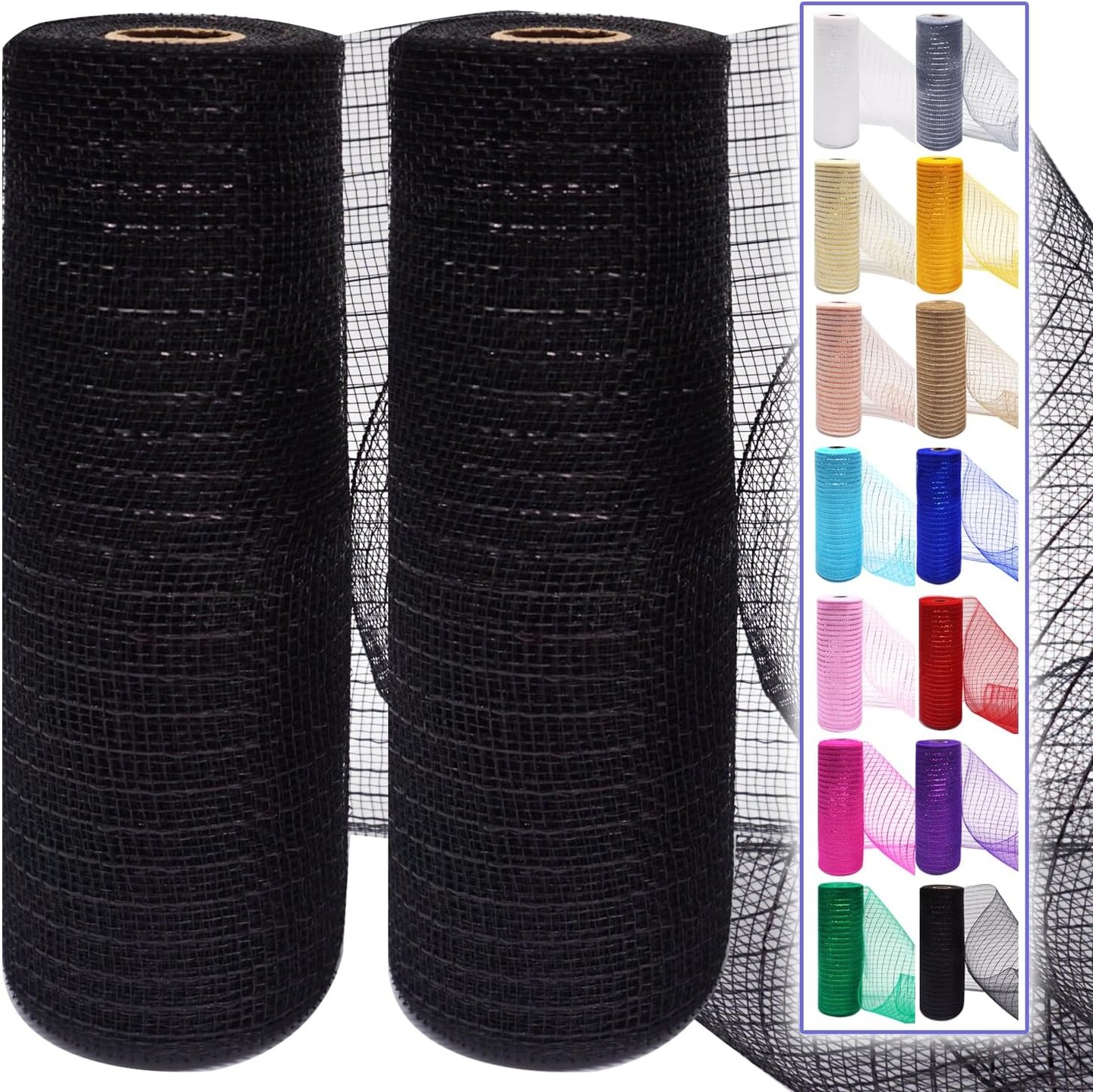 2 Pcs Black Deco Mesh Ribbon Rolls 10 Inch 10 Yards(30 ft) Decorative Mesh Fabric with Foil
