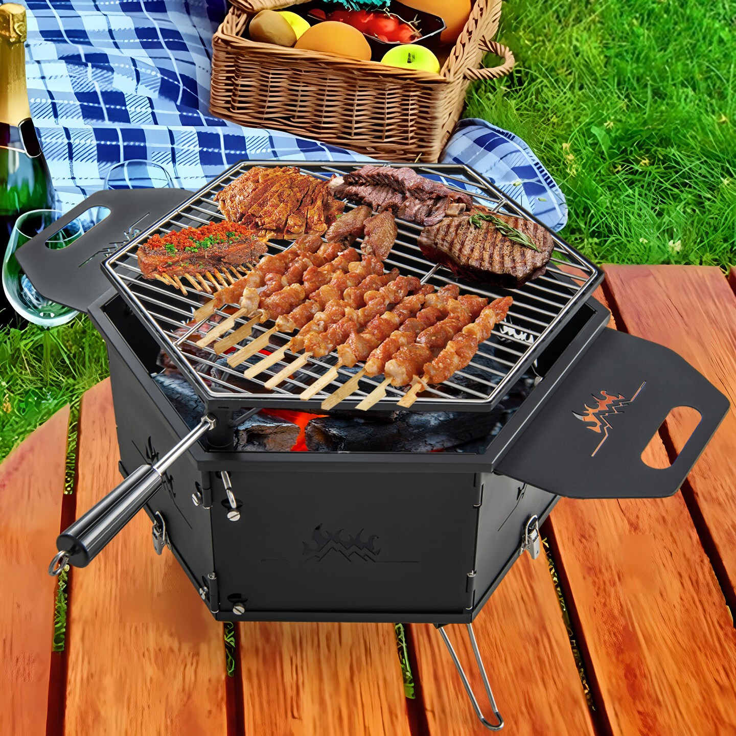 3-in-1 Portable Hibachi Charcoal Grill Carbon Steel &#x26; Stainless Steel