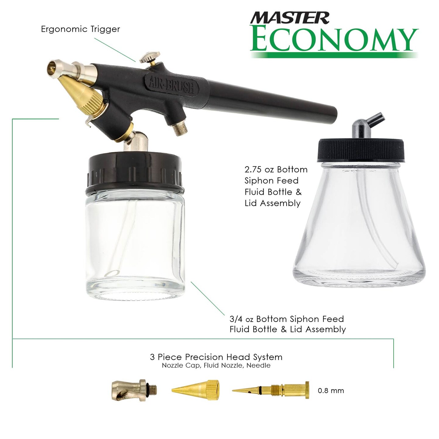 Master Economy E96 Single-Action External Mix Siphon Feed Airbrush Set with 0.5mm Tip Broad Spray Pattern &#x26; 5 ft. Air Hose