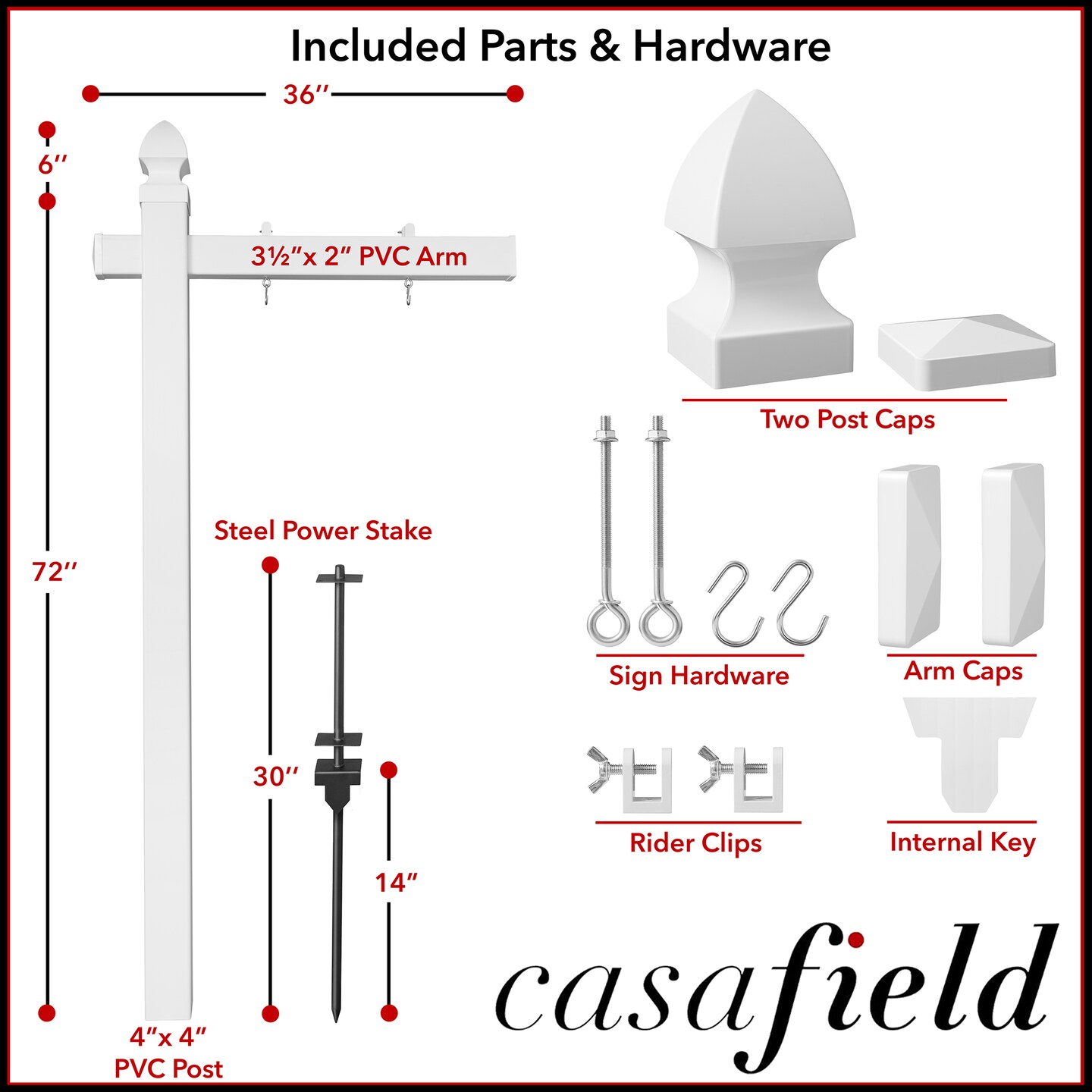 Casafield  Real Estate Sign Post for Open House and Yard Sale Signs with Flat Cap and Gothic Cap Options - Vinyl PVC - White