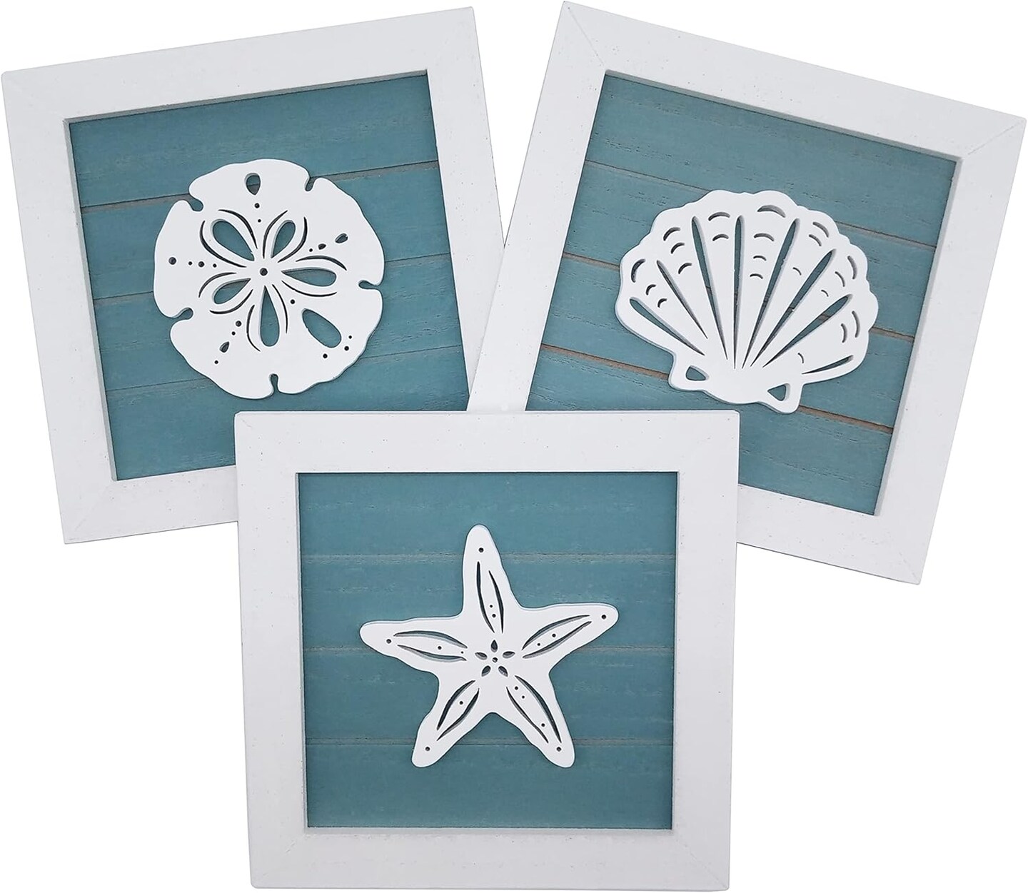 Ocean Theme Wall Decor Set – 3 Rustic 7x7in Wooden Beach Signs with 3D Starfish, Seashell & Sand Dollar for Coastal Summer Home or Lake House Decor