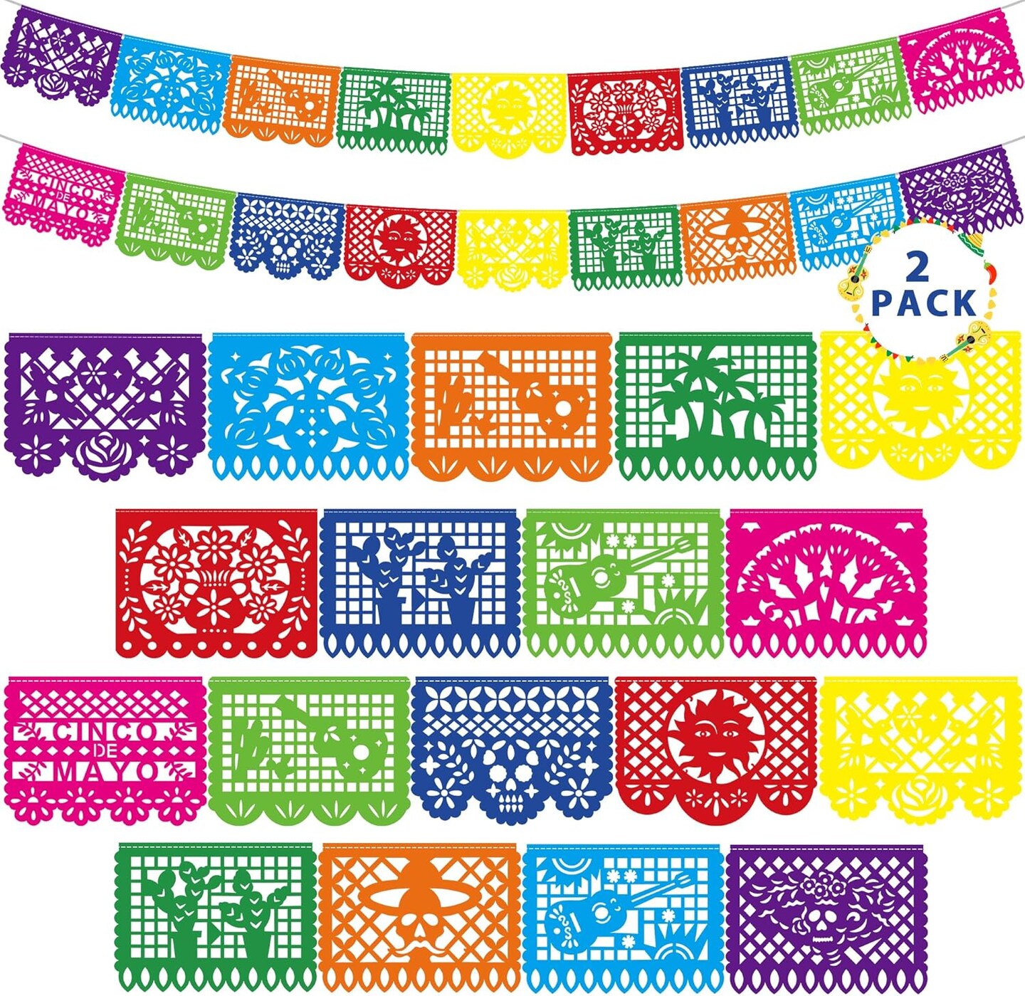 36 FT Cinco De Mayo Decorations, 2 Pack Mexican Party Banner, Plastic Fiesta Banner Colorful Papel Picado Hanging Banner String Flags Mexican Theme Party Dia De Los Muertos Day of the Dead Decor
