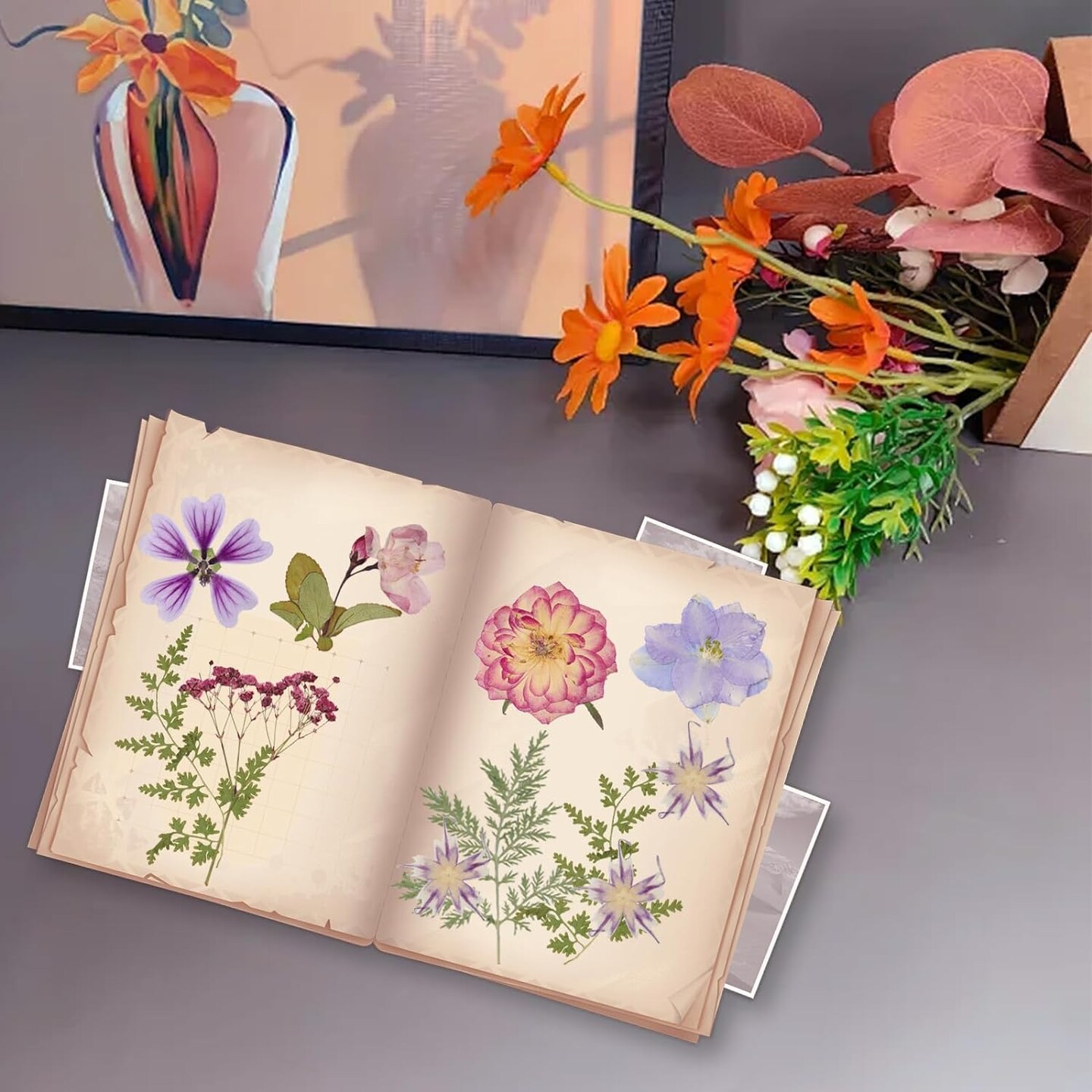 50Pcs Dried Pressed Flowers Resin Mould Real Pressed Flowers Natural Dry Leaves Bulk Mixed Colorful Daisy Herbs Kit with Tweezers for Scrapbooking DIY Candle Jewelry Crafts Making Nails(Purple)