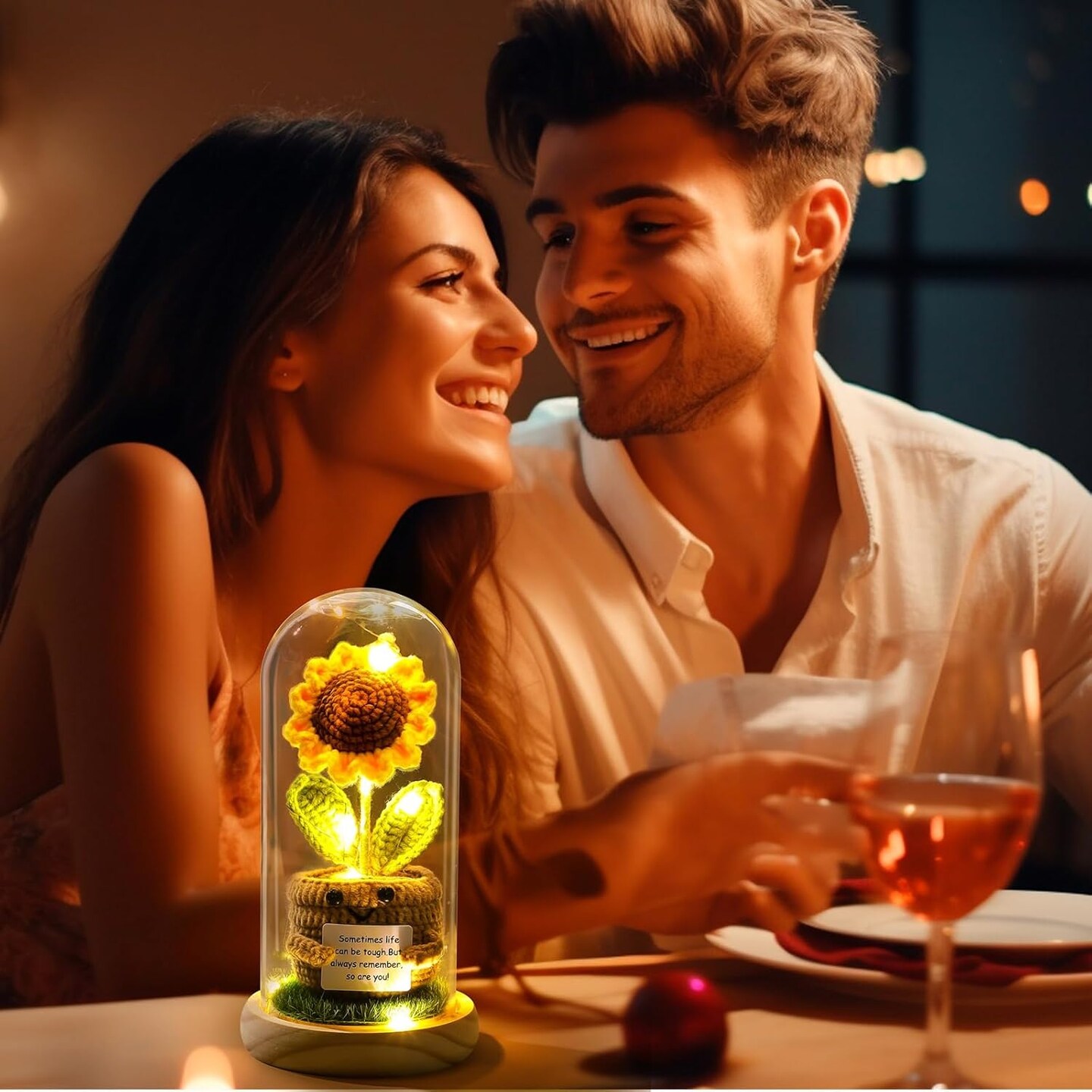 Sunflower Gifts for Women 9'' Crochet Sunflower Gifts for Her Wife Girlfriend Mom Light up Flower in Glass Dome Gift for Birhday