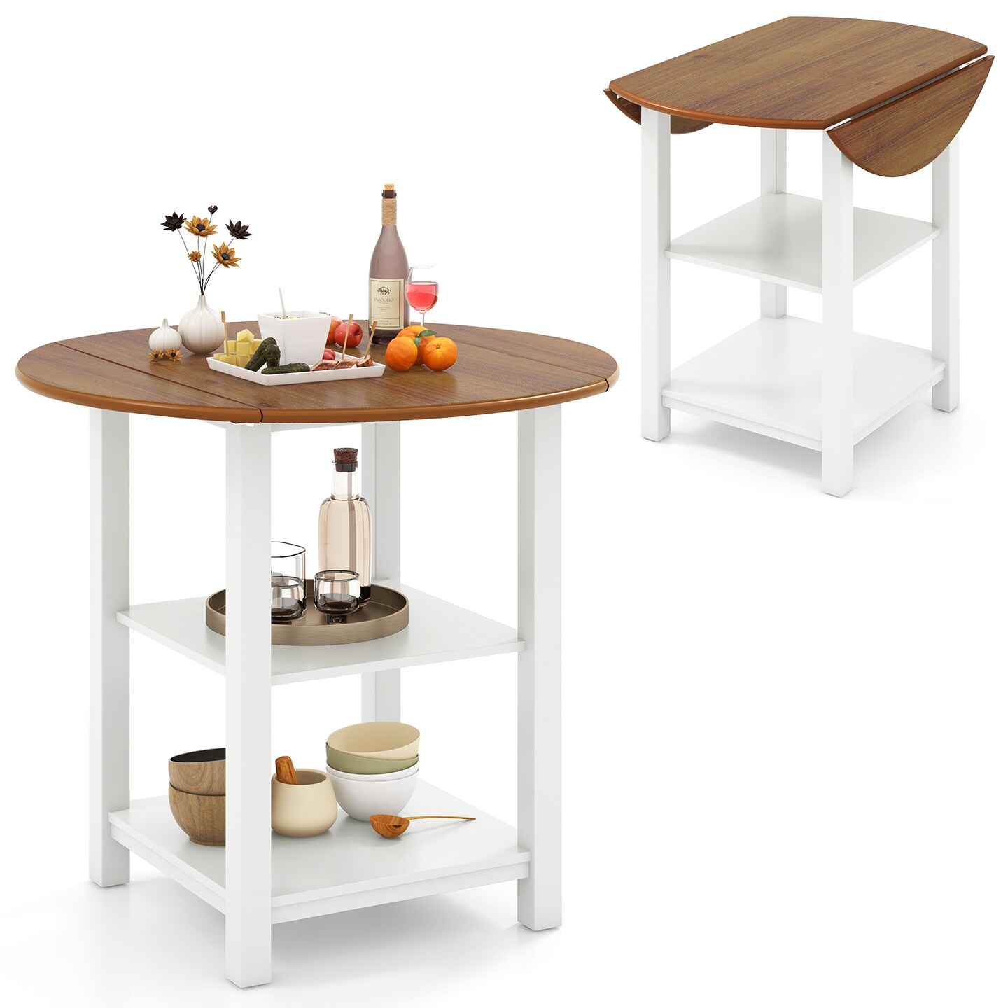 White Folding Dining Table with Storage and Rubber Wood