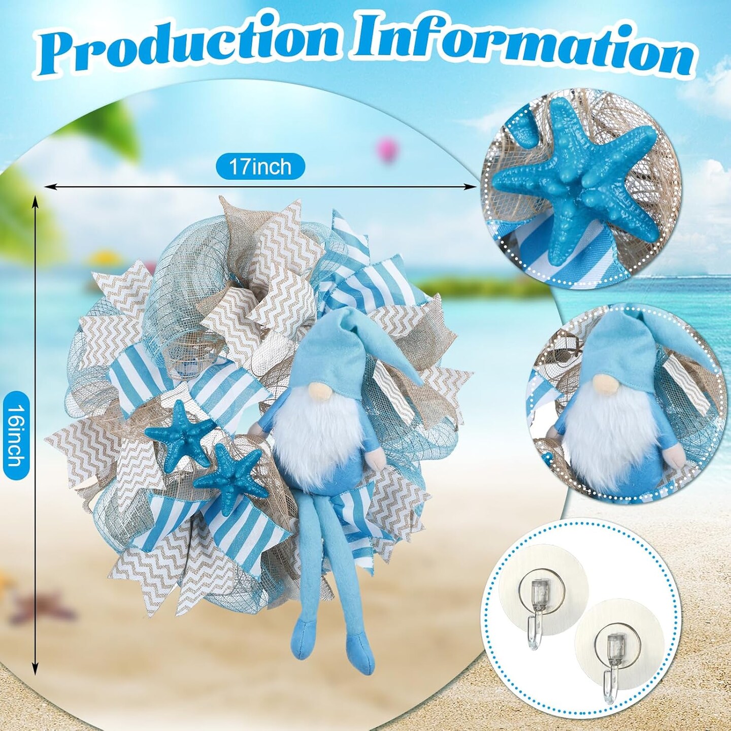 18 x 16 Inch Coastal Wreath for Front Door – Beach Farmhouse Wreath with Starfish, Ribbon, and Ocean-Themed Decorations for Summer Porch and Outdoor Wall Decor