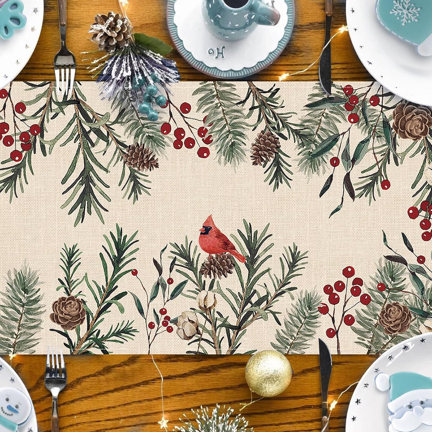 Winter Pine Needle Branches Table Runner, Pine Cone Cardinal Red Birds Berry Farmhouse Kitchen Dining Table Decor, Christmas Holiday Home Decoration Indoor Outdoor Party Supply 13 x 72 Inches