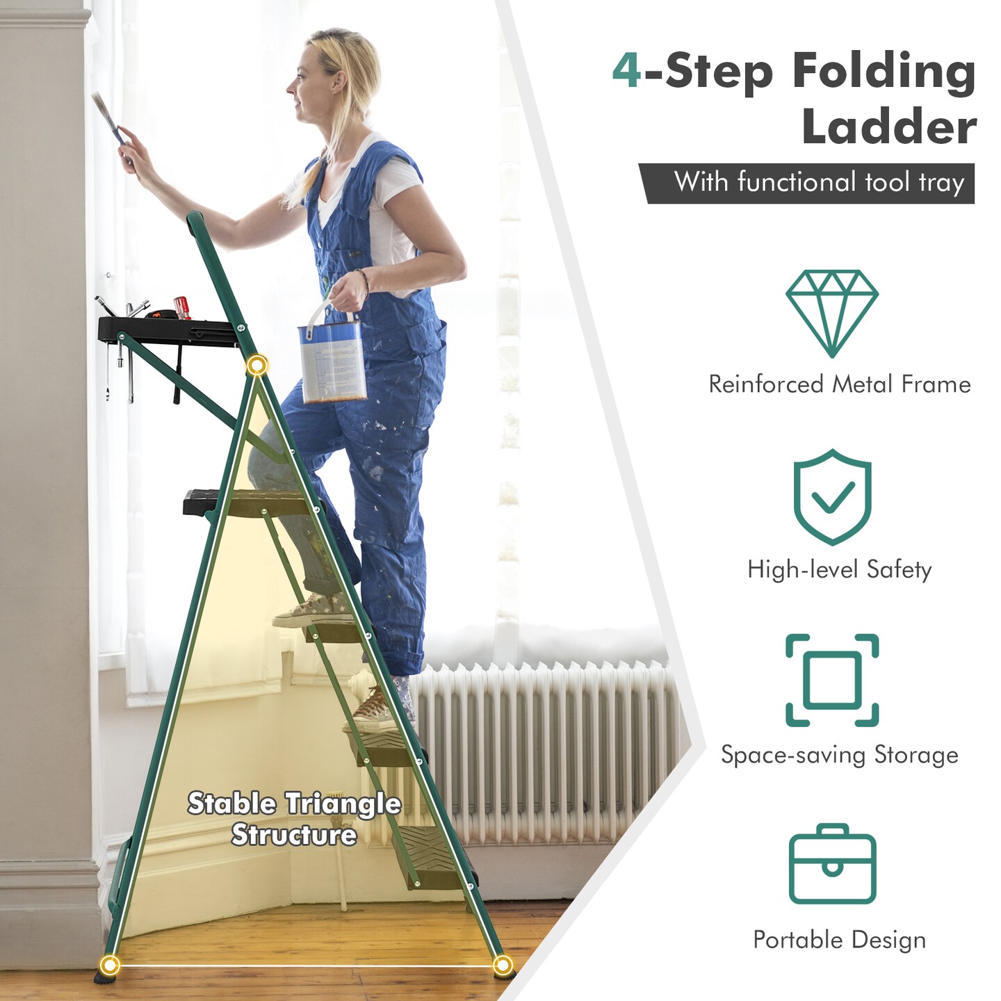 Metal Foldable 4-Step Ladder with Tool Tray Non-Slip Footpads and Wide Pedals