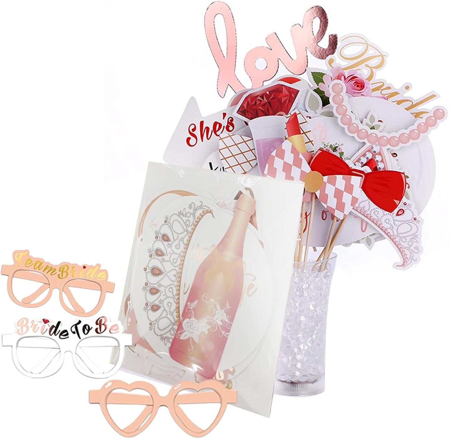 Wedding Photo Booth Props, Bachelorette Party Decorations, Engagement Party Decorations in Rose Gold, Pink with Glitter 23 pcs Pre-Assembled Funny Props Welcome to Seller Assistant Please log in to your account to start working Log in