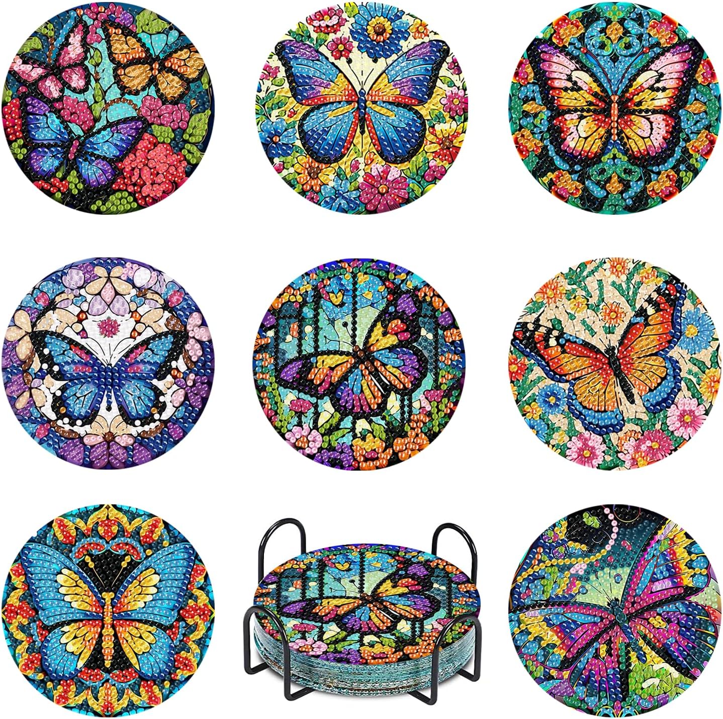 Diamond Painting Coasters Kits with Holder, DIY Butterfly Diamond Art Coaster Non Slip Coaster for Tabletop Protection 4x4 Inch