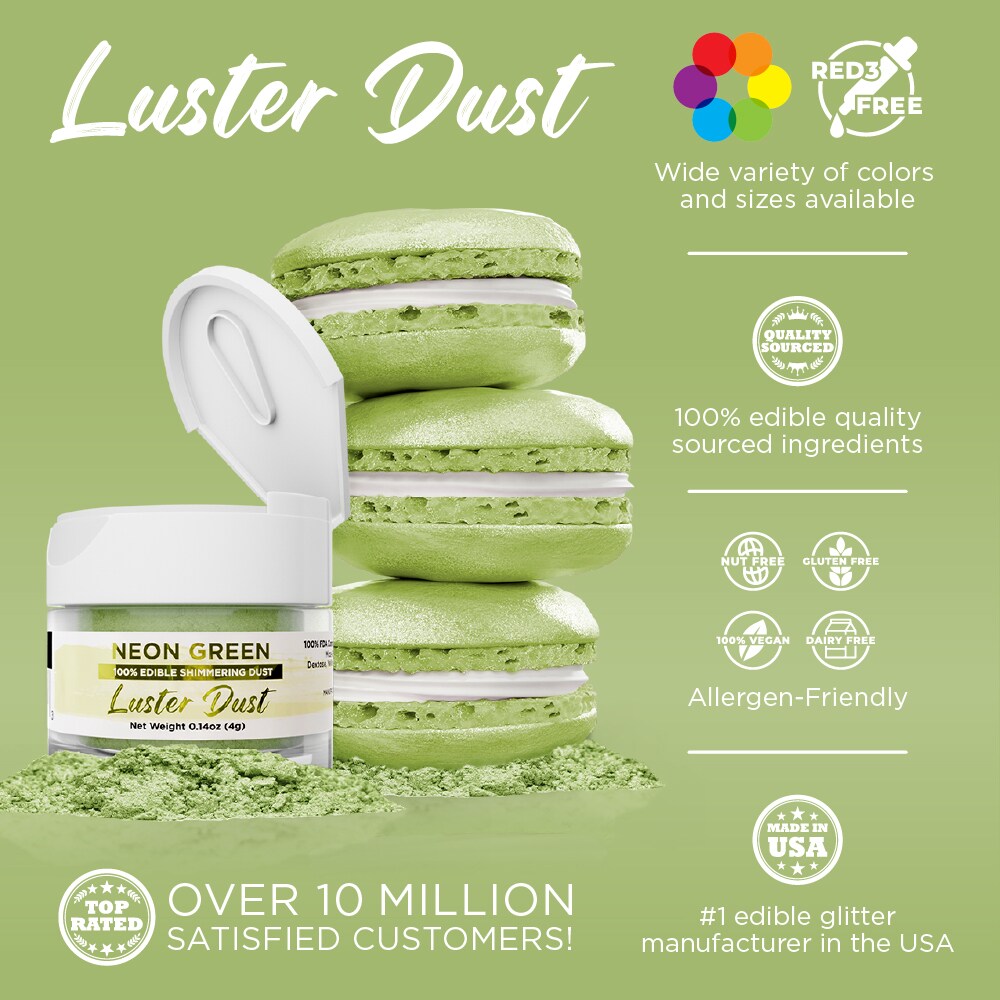 Bakell - Neon Green Luster Dust (4g, 1x Jar) Edible Vegan Dust & Paint for Baking, Desserts and Beverages