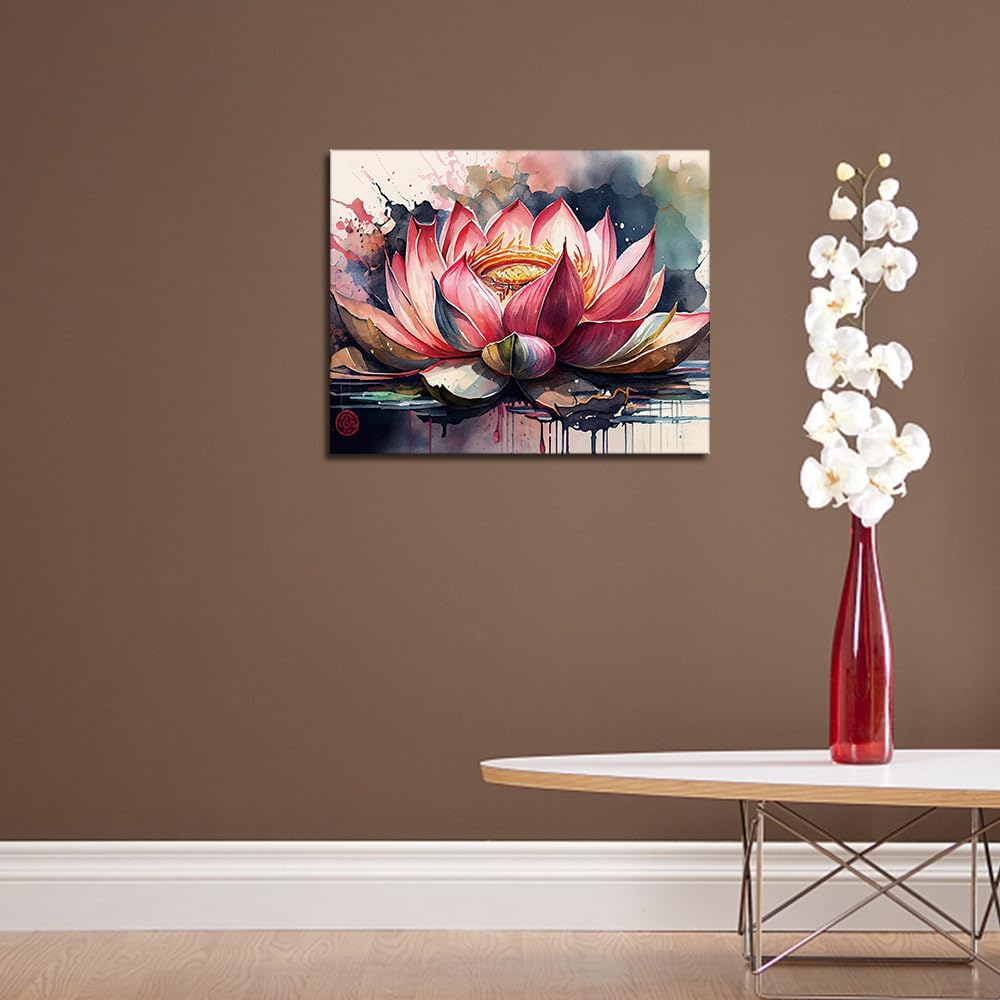 Pink Lotus Paint by Numbers, Retro Flower Paint by Numbers, Colorful Abstract Lotus Oil Painting Kit, DIY Acrylic Painting for Adults with Brushes and Pigment, 16x20 Inch