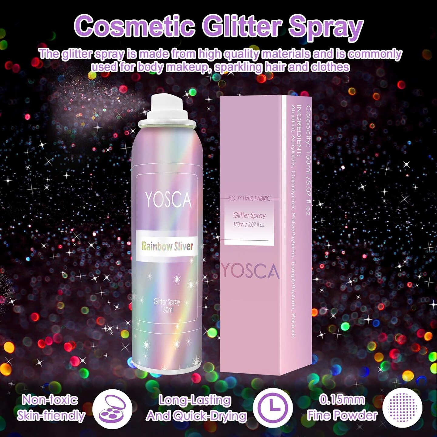 Body Glitter Spray, 150ML Holographic Glitter Hairspray, Glitter Spray for Hair Body Clothes, Quick-Drying and Long-Lasting Shiny Glitter Spray for Festival Music Concert Party Rave Accessories