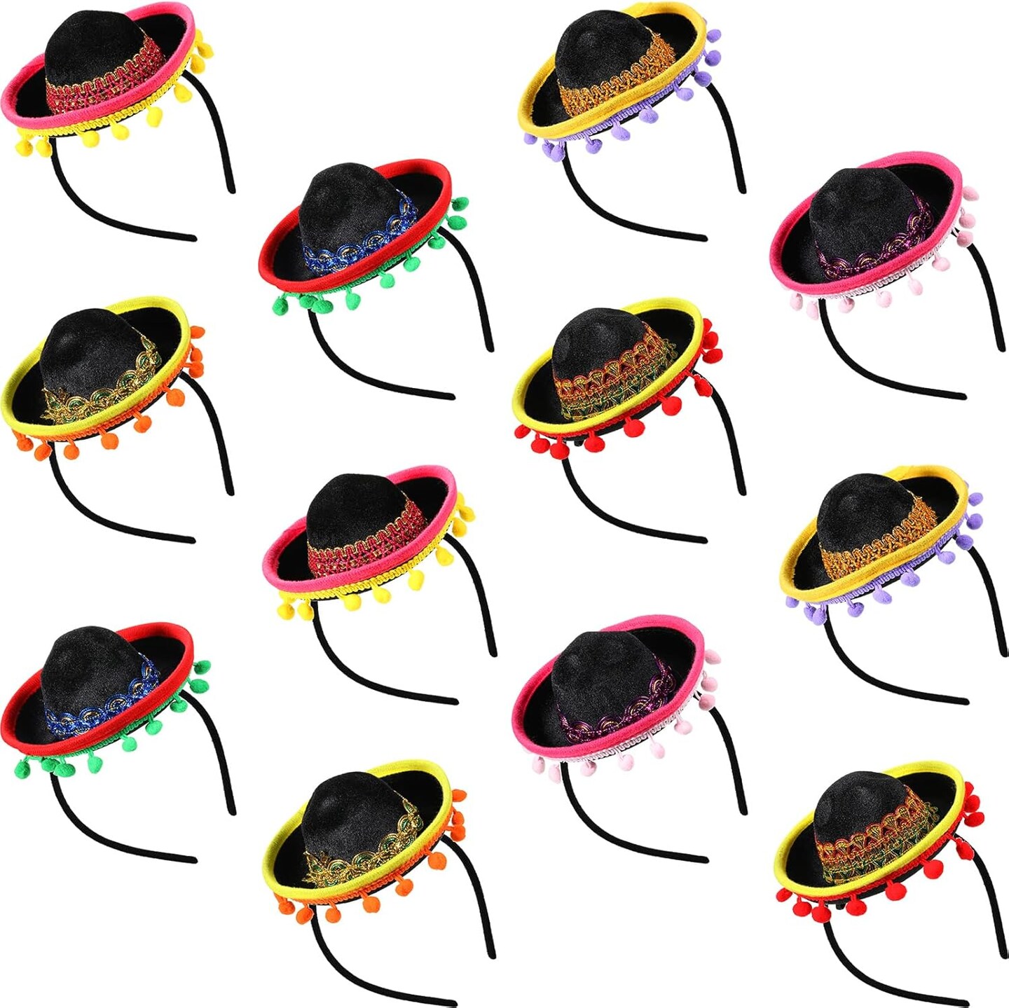12 Pcs Mexican Fiesta Mini Sombrero Hats Headbands - Cinco de Mayo Decorations, Dia de Muertos Party Supplies and Favors