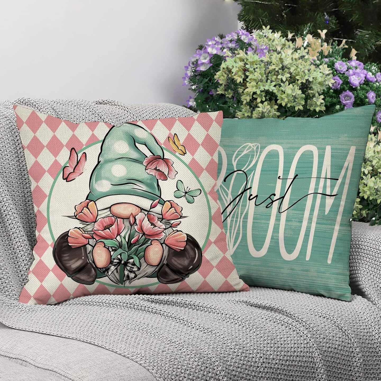Hello Spring Gnome Sunflower Decorative Throw Pillow Covers 18 x 18 Set of 4, Tulip Flower Just Bloom Teal Porch Outdoor Home Decor, Pink Floral Butterfly Seasonal Couch Cushion Case