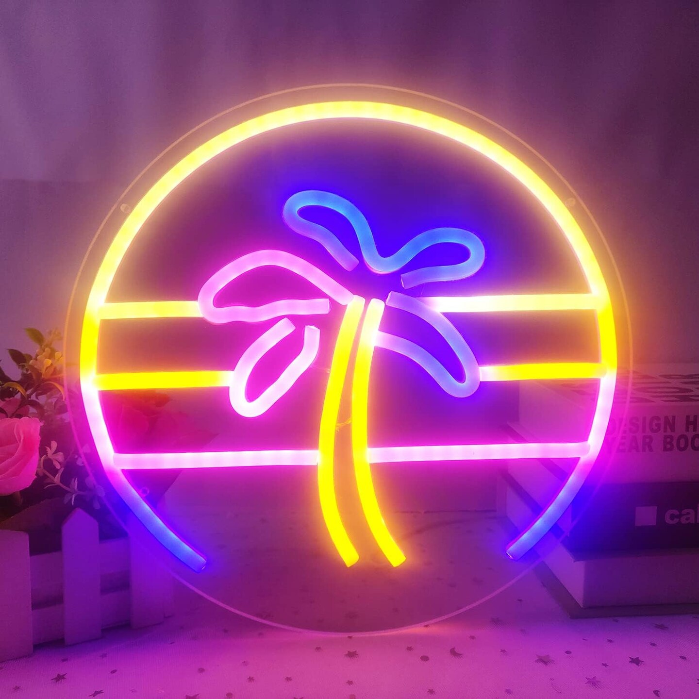 Sunset Neon Sign &#x2013; Dimmable Tropical Coconut Palm Tree Neon Sign, 12&#x22;x 12&#x22; | Aesthetic 80s Retro Palm Tree Wall Decor for Home, Bar, Birthday, and Christmas