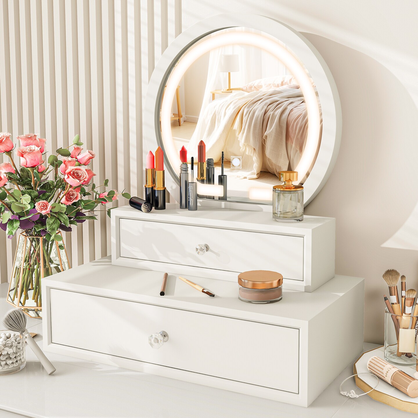 White Vanity Mirror with Storage Space and 3 Modes LED Lights Ideal Gift for Daughters or Friends