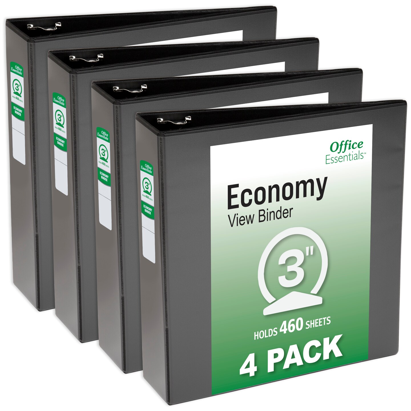 Office Essentials Economy View 3 Ring Binders, 3&#x22; Round Rings, 3.5&#x22; Spine, 460-Sheet Capacity, Black Binders (4-Pack of 03149)