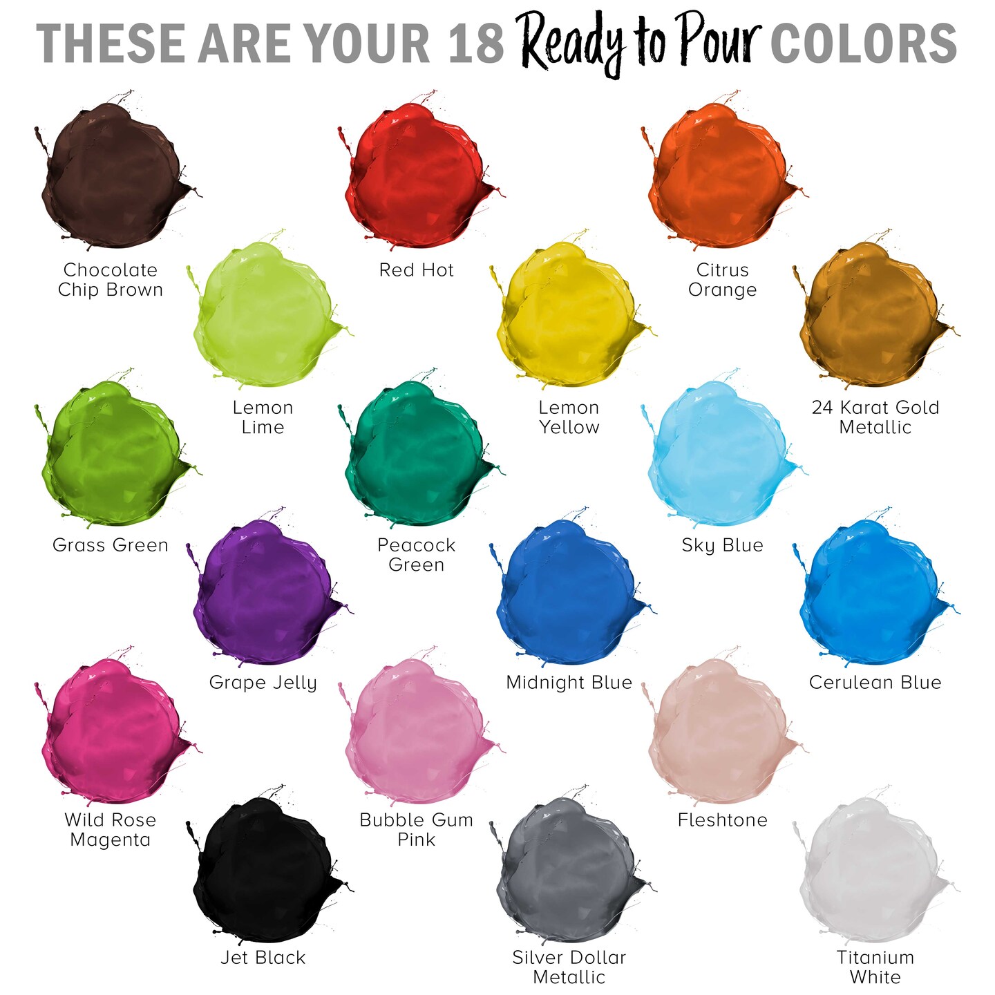 18 Color Metallic Ready to Pour Acrylic Pouring Paint Set, 2oz Bottles, Acrylic Paint Pour Supplies - Silicone Oil &#x26; Gloss Medium, Premium Pre-Mixed High Flow 8-Ounce Bottles