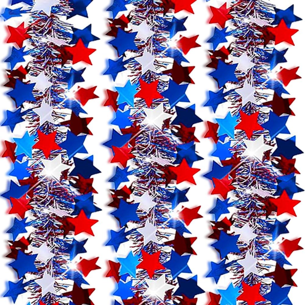 33 Ft Red White Blue Star Tinsel Garland for 4th of July Decorations