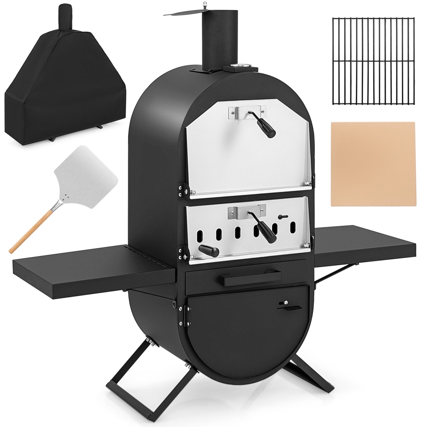 Compact Outdoor Wood-Fired Pizza Oven with Thermometer, Dual Cooking Layers &#x26; Accessories