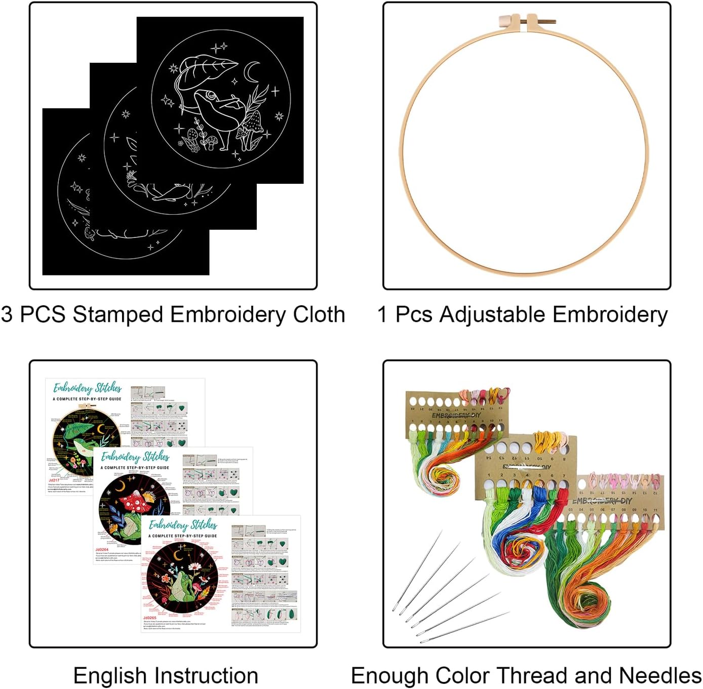 3 Sets Frog Embroidery Kits for Beginners,Cross Stitch Kit for Adults,Crewel Starters Needlepoint with Embroidery Hoop,Threads and Instruction