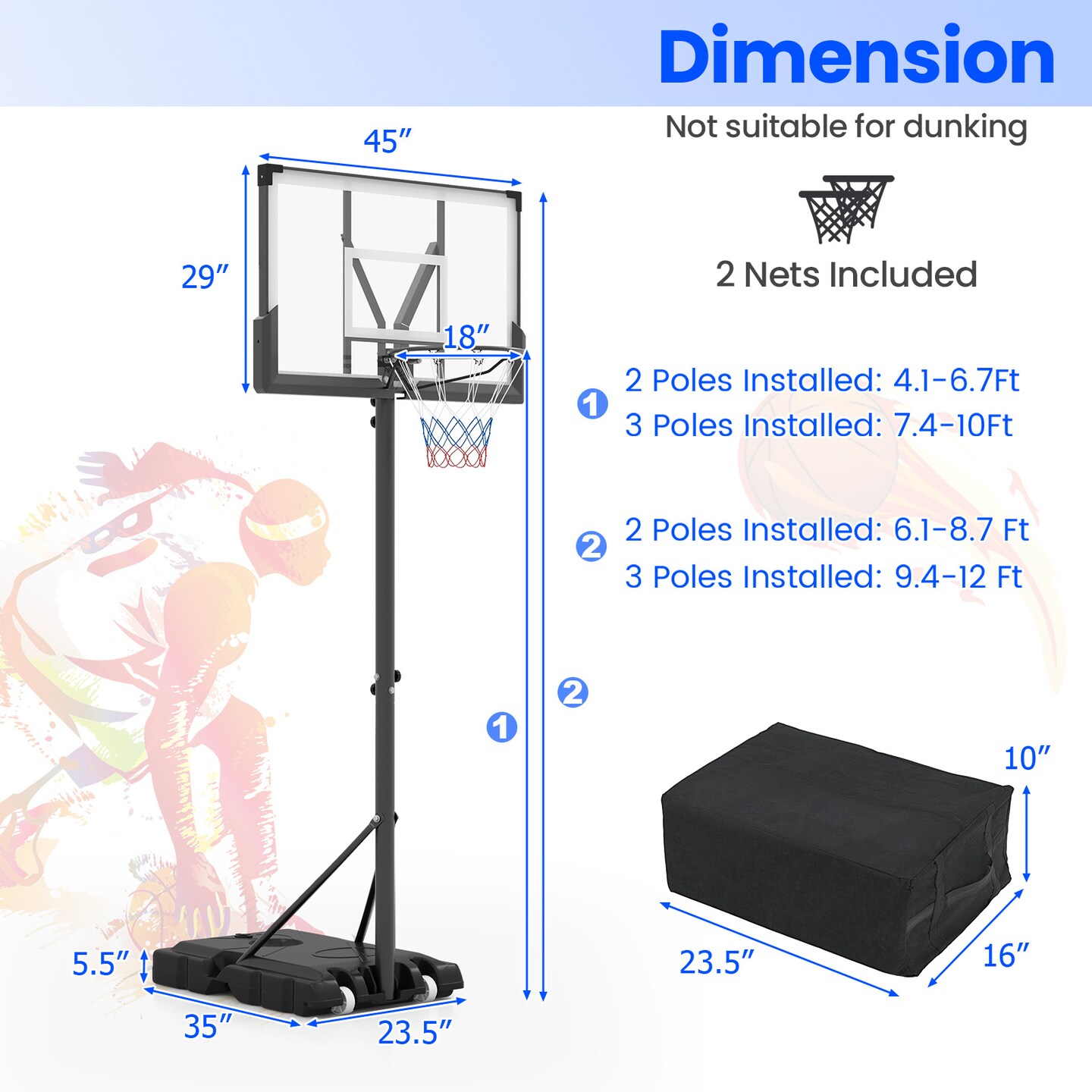 Adjustable Portable Basketball Hoop &#x2013; 4.1&#x2013;10Ft Height, 45&#x22; Shatterproof Backboard
