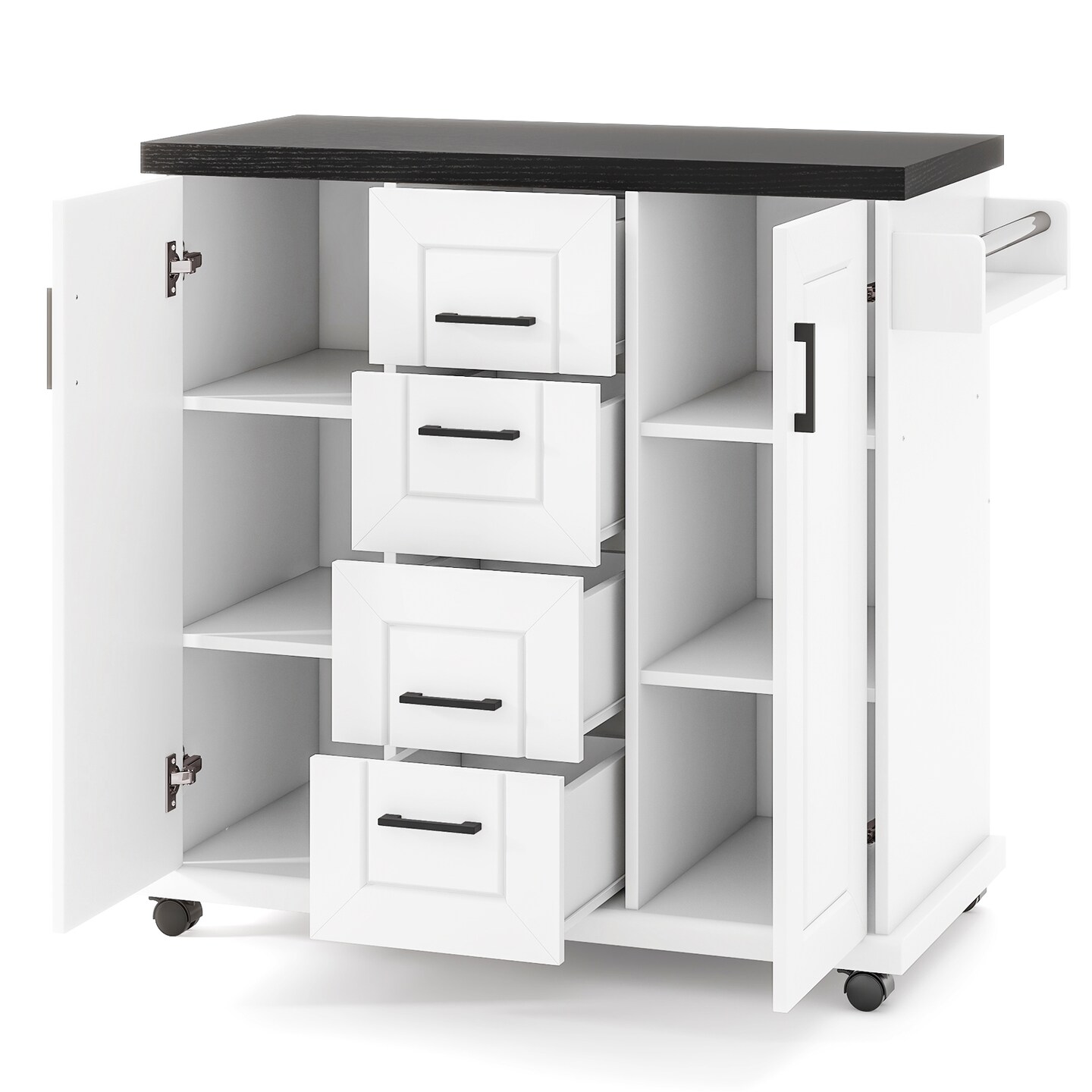 White Engineered Wood Kitchen Island Cart with Drawers and Towel Rack