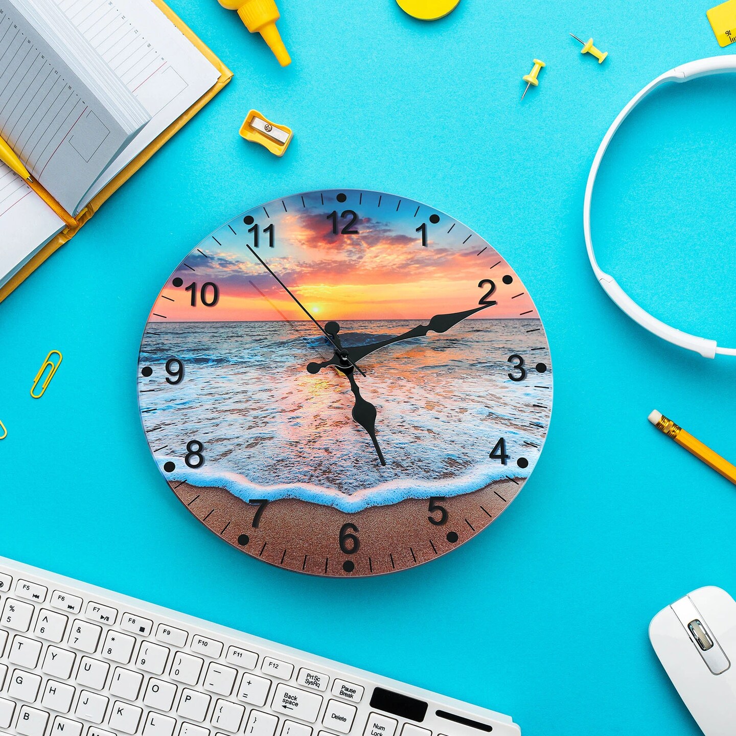 12-Inch Beach-Themed Blue Glass Wall Clock – Frameless Silent Battery Operated, Tempered Glass Design with Analog Display (1x AA Battery Required)