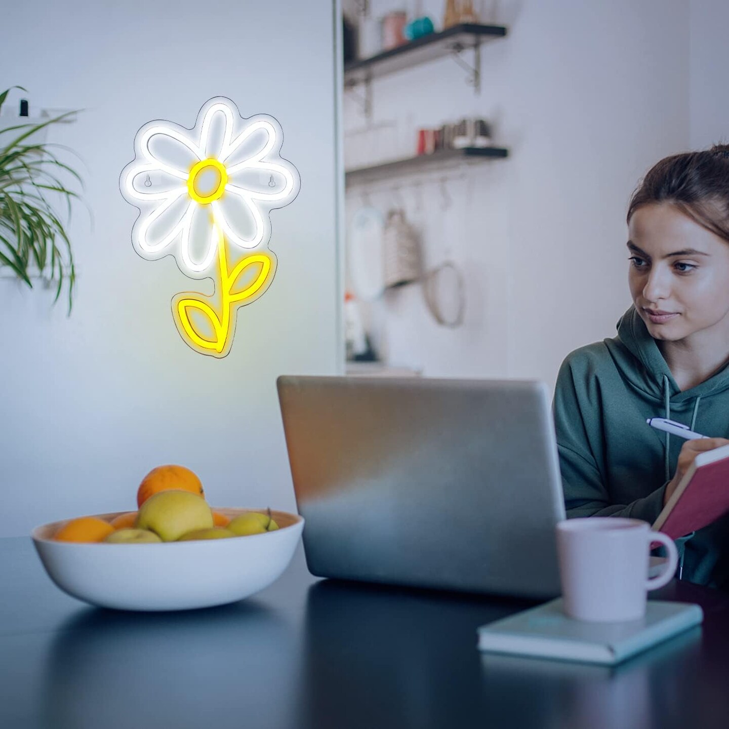 Summer Daisy Flower Neon Sign &#x2013; White &#x26; Gold LED Light for Bedroom &#x26; Party Decor (USB Powered)