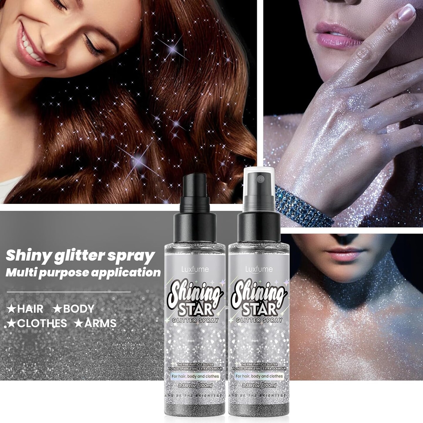 Glitter Spray for Hair and Body,Silver Body Glitter Spray,Quick-Drying and Waterproof Glitter Hairspray,Nozzles are not Easily clogged&#xFF0C;Long-Lasting Body Shiny Spray for Stage Makeup, 3.38Oz