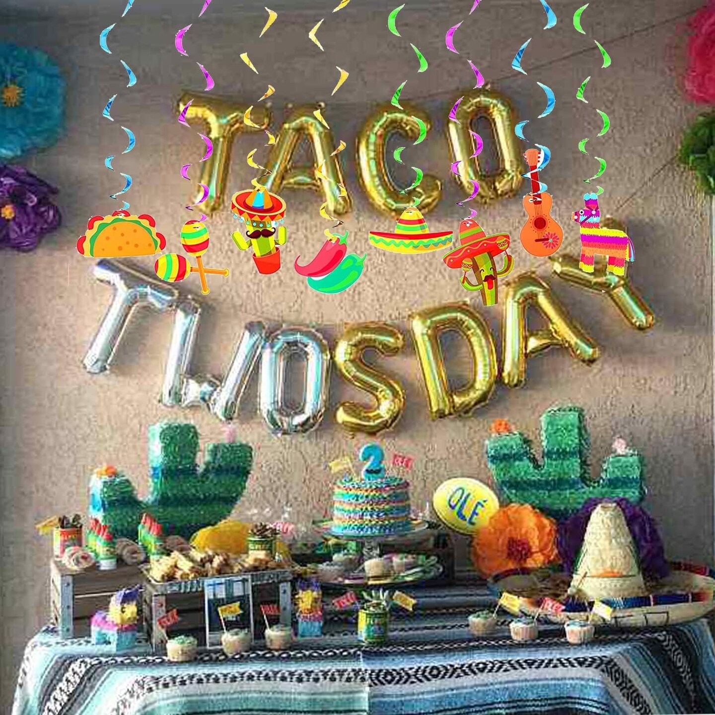 32Pcs Mexican Fiesta Hanging Streamers Swirl Decorations - Taco Twosday Birthday, Cinco De Mayo Party Supplies - Taco Party Ceiling Hanging Decorations for Boys &#x26; Girls Showers