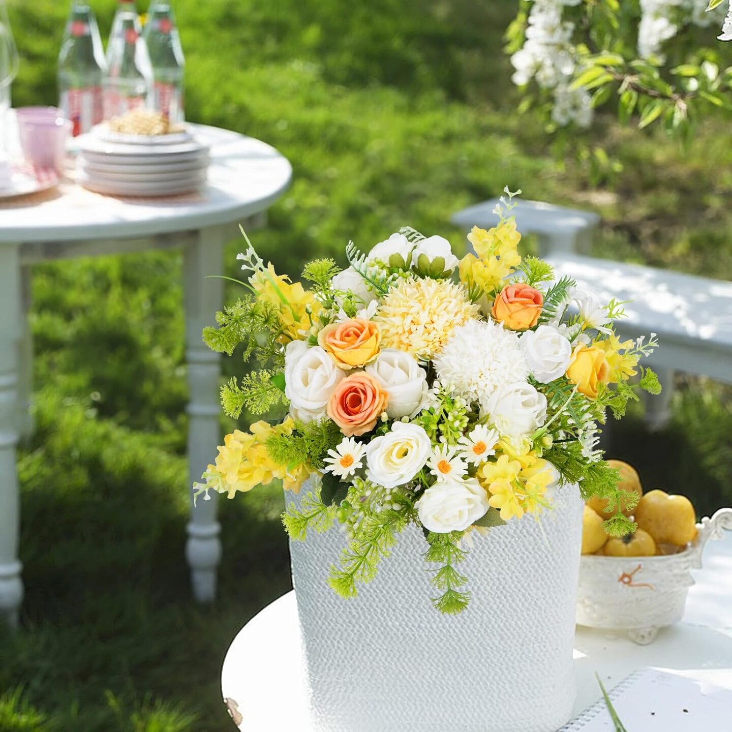 8Pcs Artificial Silk Rose Bouquet Yellow with Faux Lilac Floral Arrangements, White Flowers Picks for Home Table Centerpieces Summer Decorations