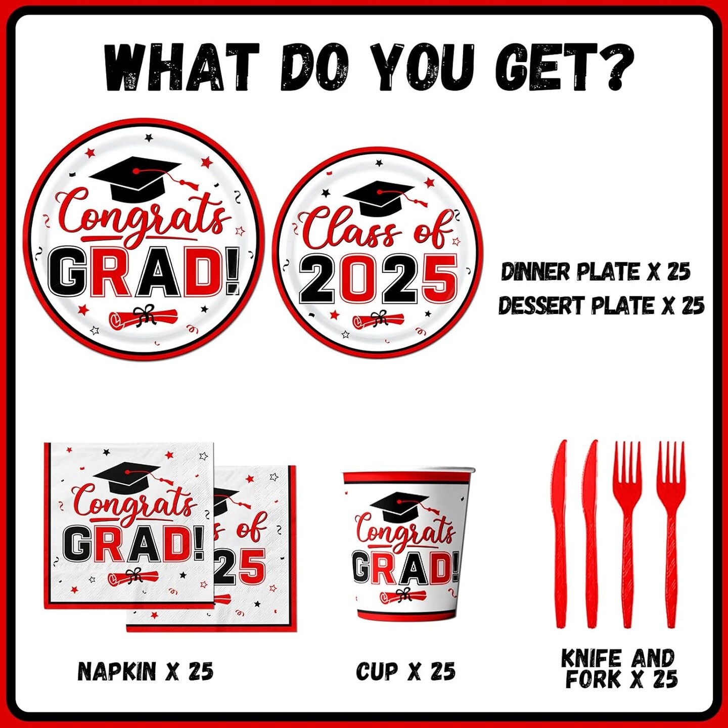 Red and Black Graduation Decorations Dinnerware Set, Class of 2025 Graduation Plates and Napkins, Graduation Plates and Cups and Napkins Set for Congrats Grad Party Decorations
