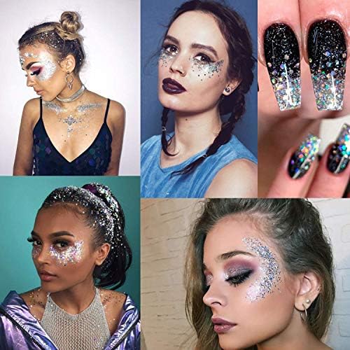 Silver Holographic Chunky Glitter Cosmetic Body Hair Face Eye Nail for Festival Carnival Concert Party Beauty Rave Accessories Different Sizes&#x26;Shapes 2 Pots 14g/0.5oz+ Quick Dry Primer Glue Gel