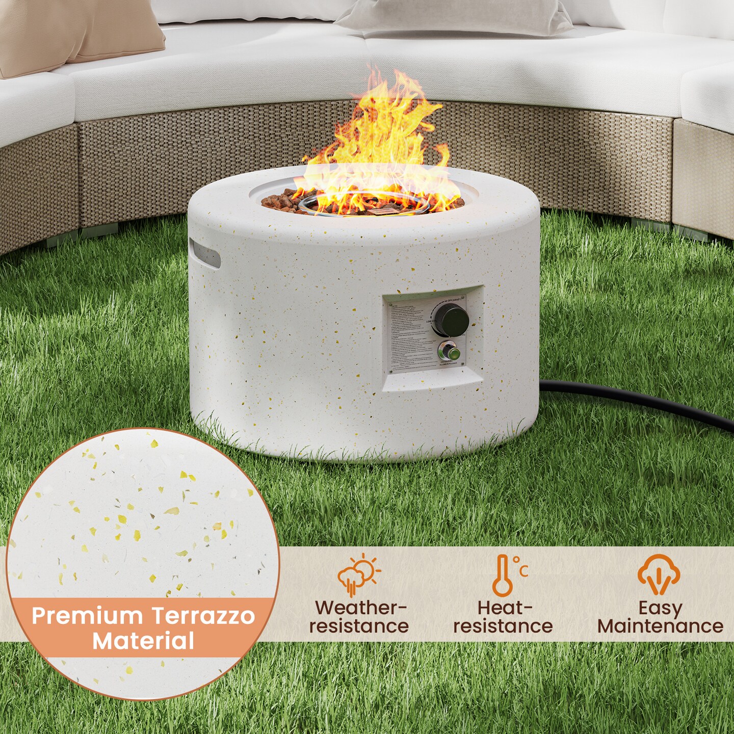 White Terrazzo Fire Pit Table with Propane Tank Holder and 40,000 BTU
