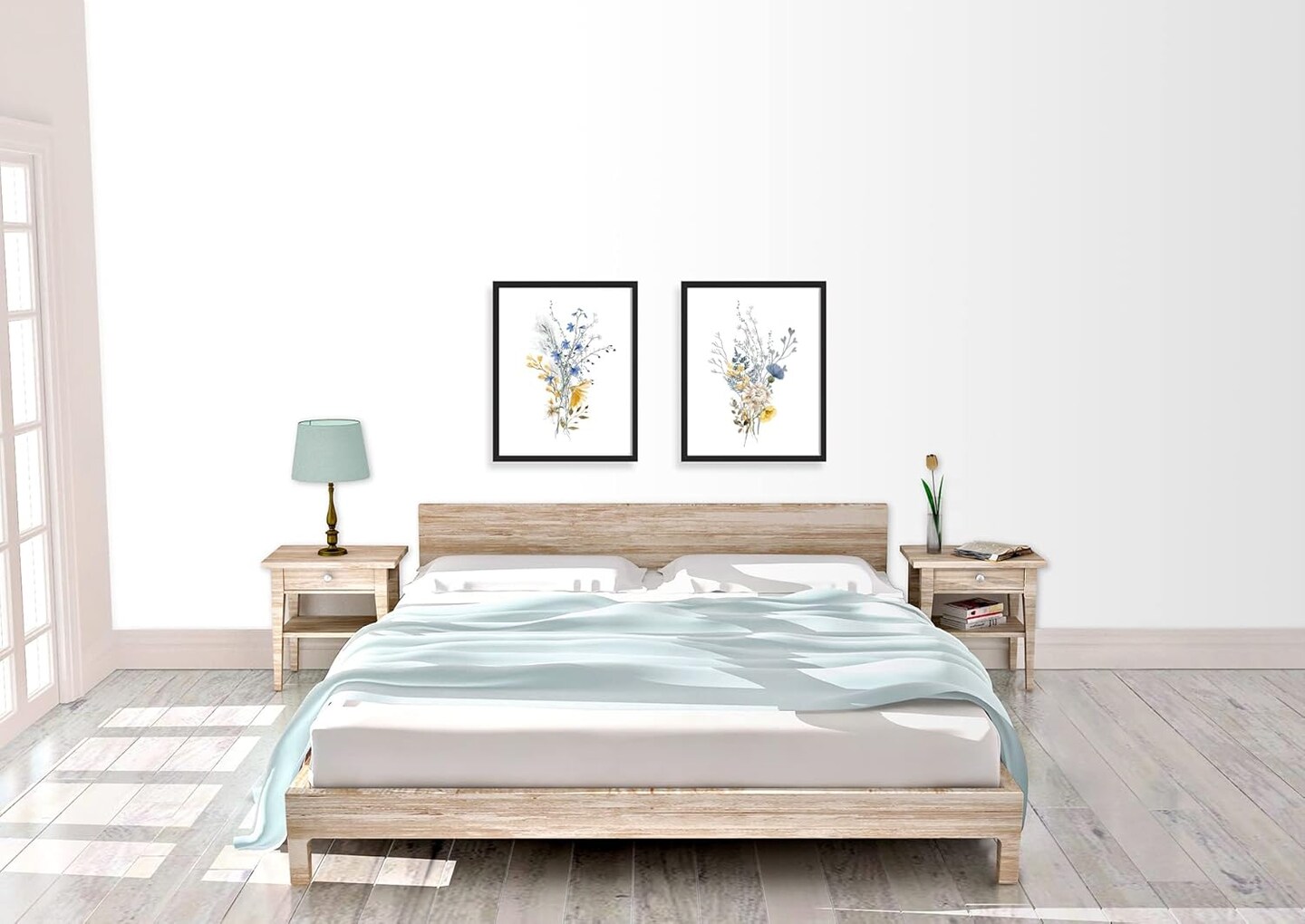 Summer Flower Botanical Wall Decor, Vintage Floral Nature Decor, Wildflower Branch Leaf Watercolor in Blue, Yellow, Neutral, Rustic Cottage Country Farmhouse Artwork Prints for Bedroom, Unframed 11x14 Set of 2