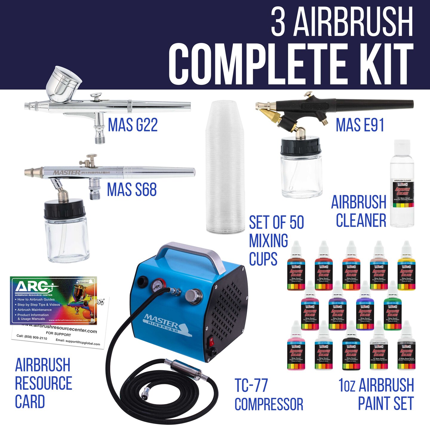 Professional 3 Airbrush Kit with High Performance Compact Airbrush Compressor, Air Hose, 12 Color Airbrush Paint Set with Cleaner &#x26; Paint Reducer