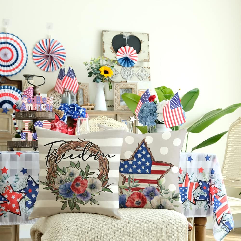 18x18 Set of 4 Polka Dots Star Pillow Covers for 4th of July Decorations