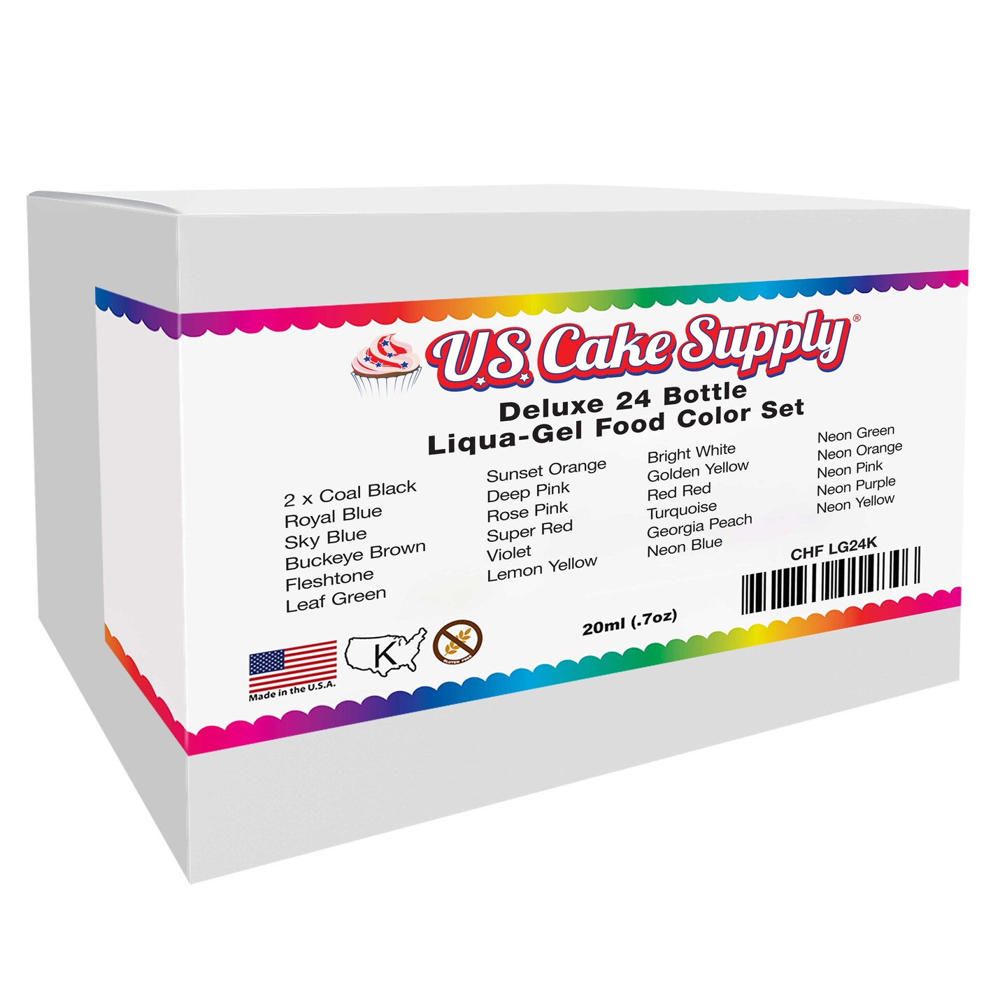 US Cake Supply by Chefmaster Liqua-Gel Cake Color Set - 24 Colors in 0.7 fl. oz. (20ml) Bottles - 12 Primary &#x26; 12 Secondary Set B Colors
