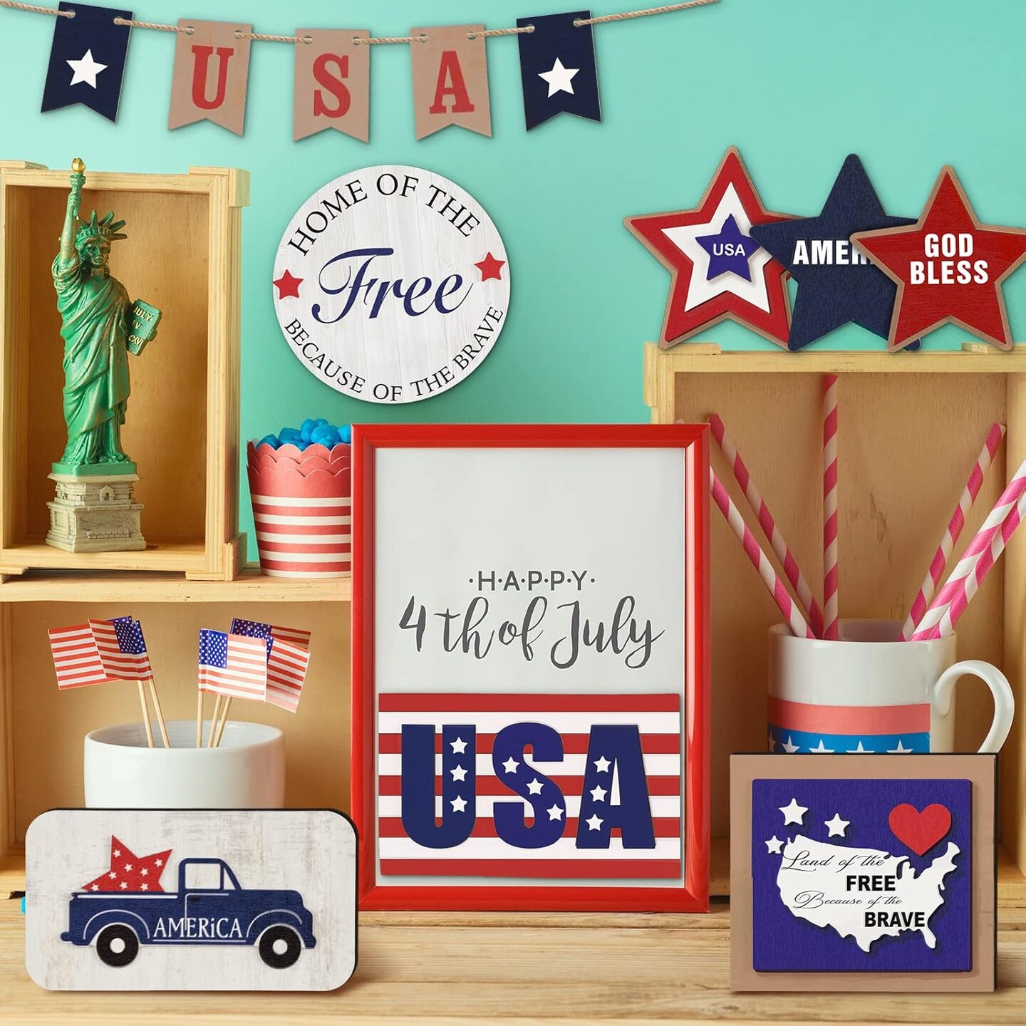 Patriotic Tiered Tray Decor Set 4th of July Tabletop Decor Memorial Day Decorations Red White Blue Wooden Sign Farmhouse Independence Day Centerpieces American Flag USA Decor(Classic Style)