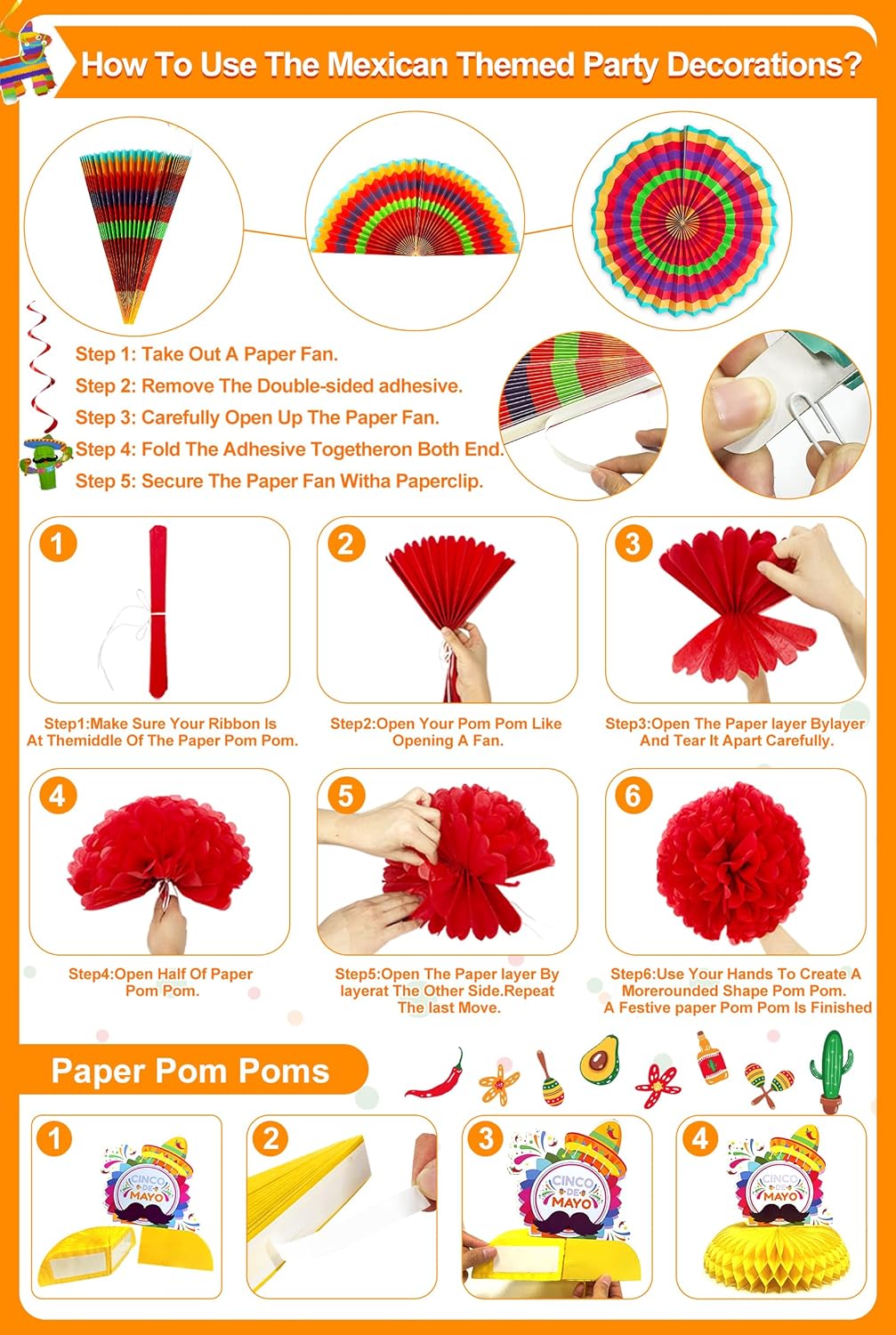6 Varieties 23 Pcs Cinco De Mayo Fiesta Party Decorations, Mexican Themed Party Supplies Paper Fans Pom Poms Banner Table Runner Honeycomb Table Decor Cupcake Toppers for Taco Tuesday Luau Party Favor