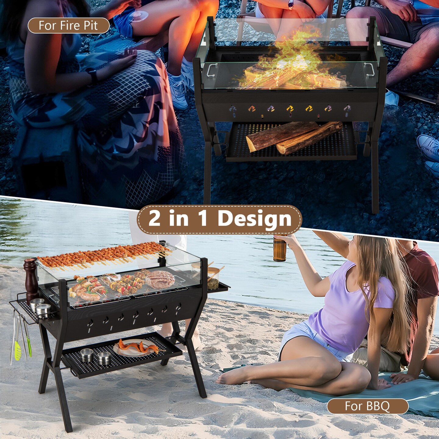 Outdoor Charcoal Grill &#x2013; BBQ, Stove &#x26; Fire Pit, Stainless Steel Grates, Wind Guard, Ample Grilling Space &#x26; Storage Racks