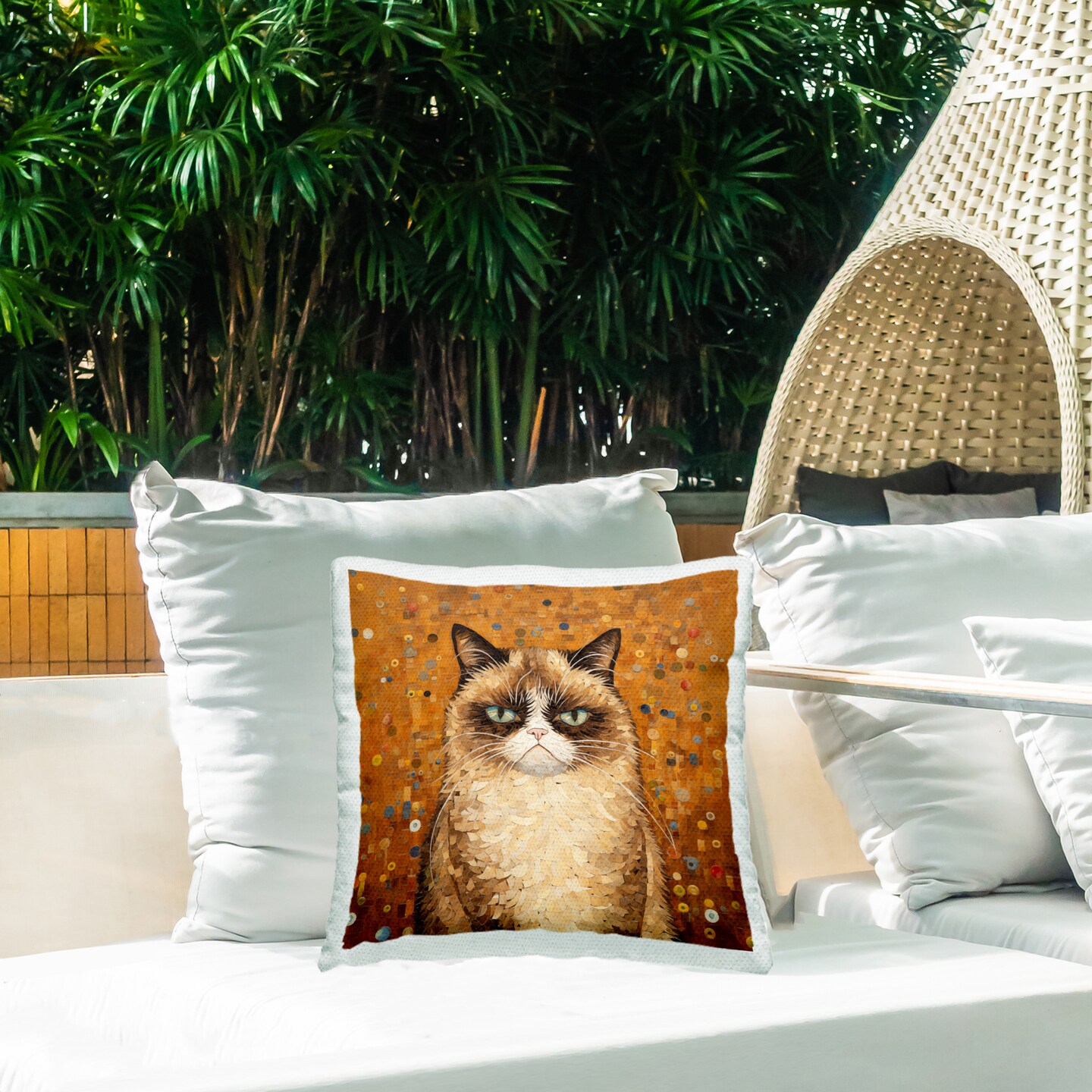 Stupell Industries Grouchy Cat in Classic Style Outdoor Printed Pillow design by Arlington Prints, 18 x 7 x 18