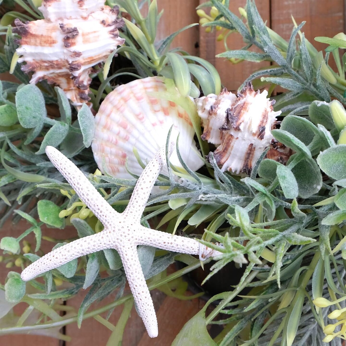 18 Inch Seashell Wreath with Green Leaves &#x2013; Rustic Farmhouse Coastal Wreath with Starfish and Conch Shells for Front Door, Wedding, and Summer Home Decor